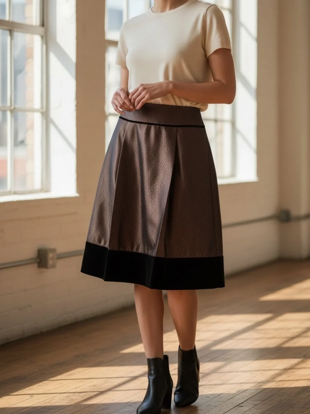 ANN TAYLOR Women's Silk Blend Velvet Trimmed A-Line Pleated Skirt
